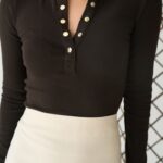 Button V-Neck Top – Brown