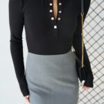 Button V-Neck Top – Black