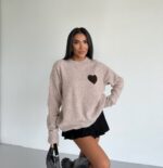 Beige Heart Patch Knit Sweater