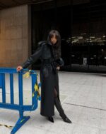 Black Faux Leather Long Trench Coat - Image 3